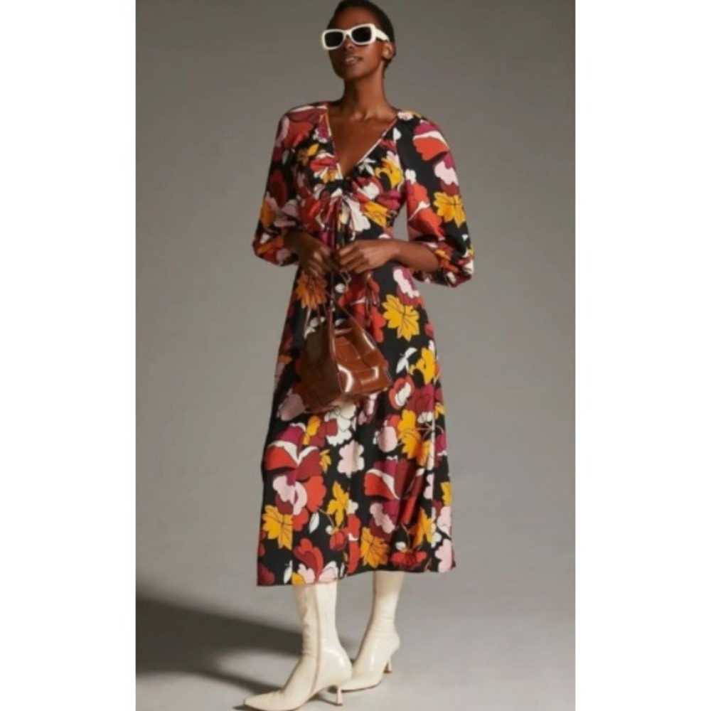 Maeve Ruched Deep V Floral Retro Midi Dress Sz 0 Boho 3/4 Sleeve Casual Colorful